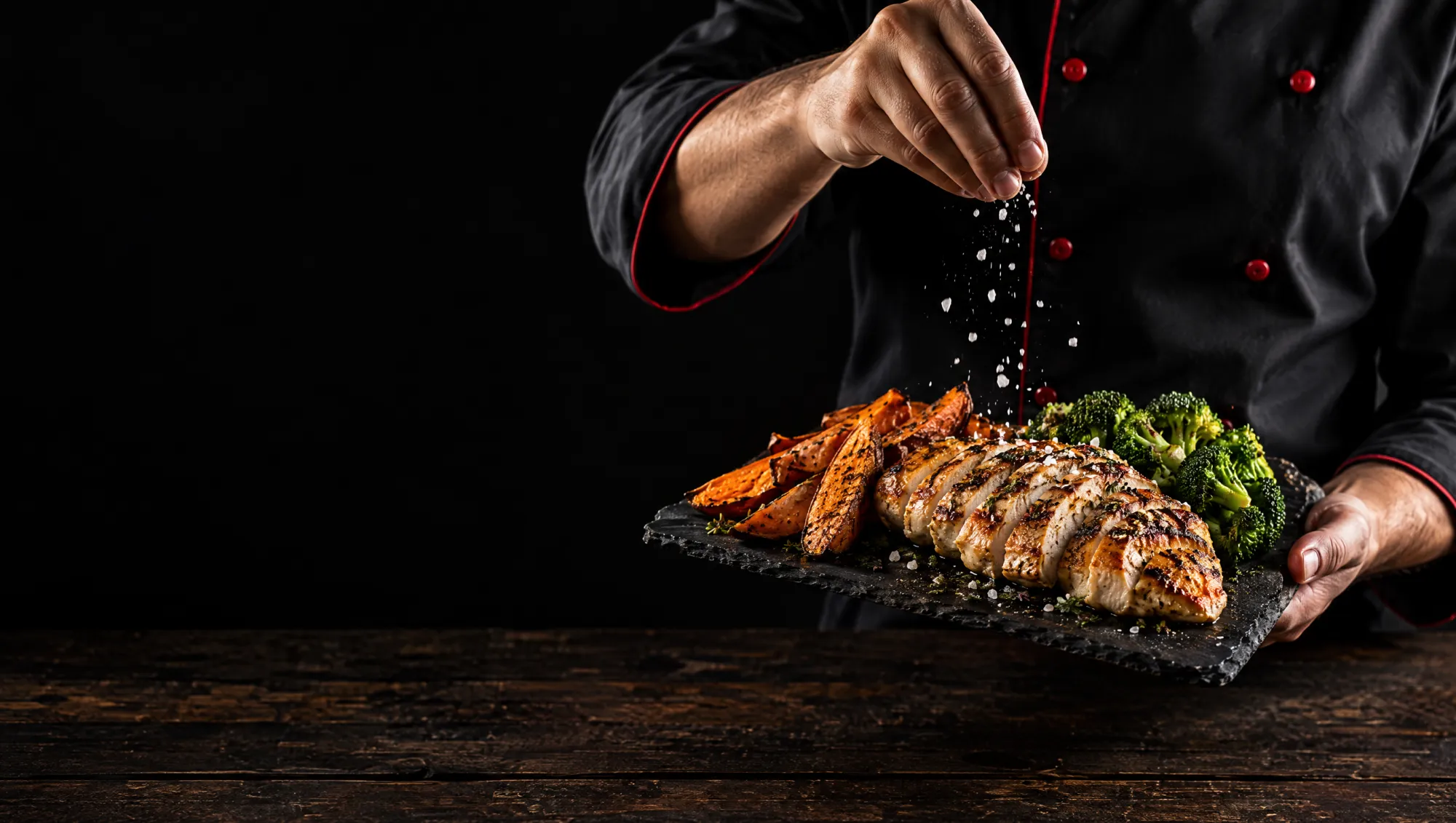 Chef salpicando sal sobre peito de frango grelhado com batata-doce e brócolis